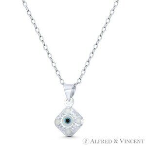 Tiny Evil Eye Charm Glass Bead Pendant in .925 Sterling Silver - Solid White